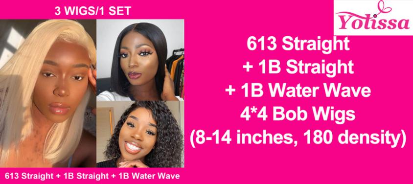 613 Straight + 1B Straight + 1B Water Wave 4x4 Bob Wigs